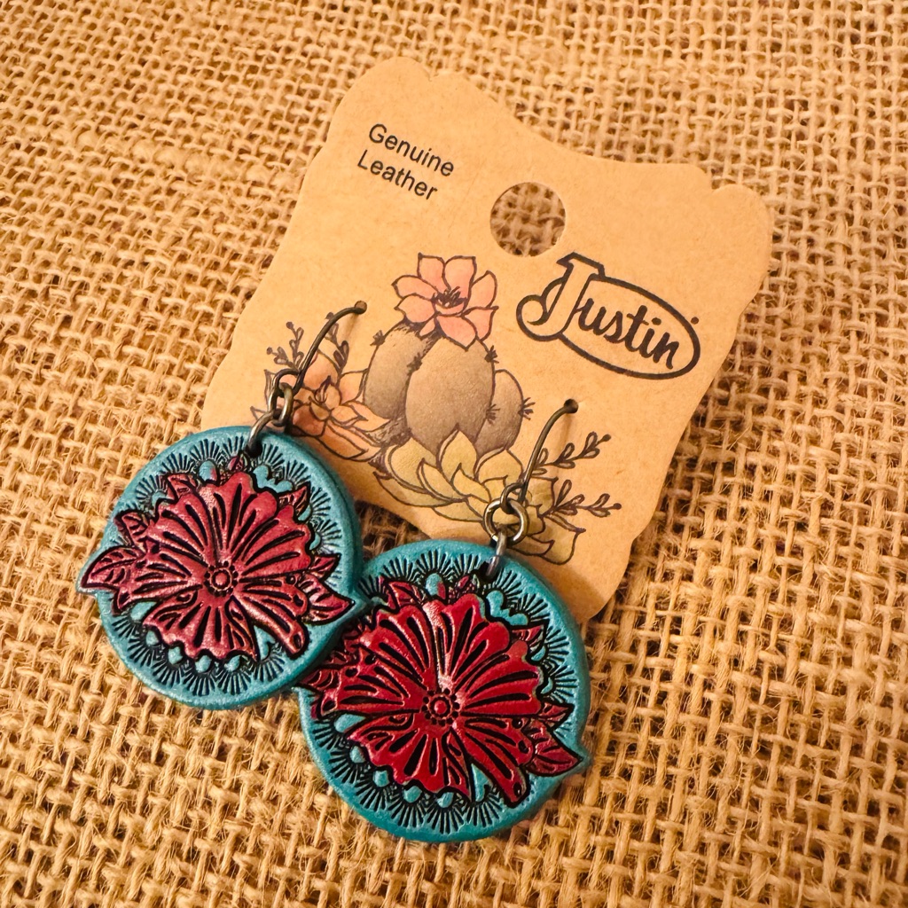 Justin Womens Genuine Leather Tooled Round Dangle Earrings Southwestern Style 15$